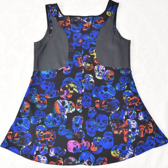 Spoon Jeans Sugar Skull High Low Peplum Tank Top Blouse Neon Colors Blue Black M - Picture 8 of 14